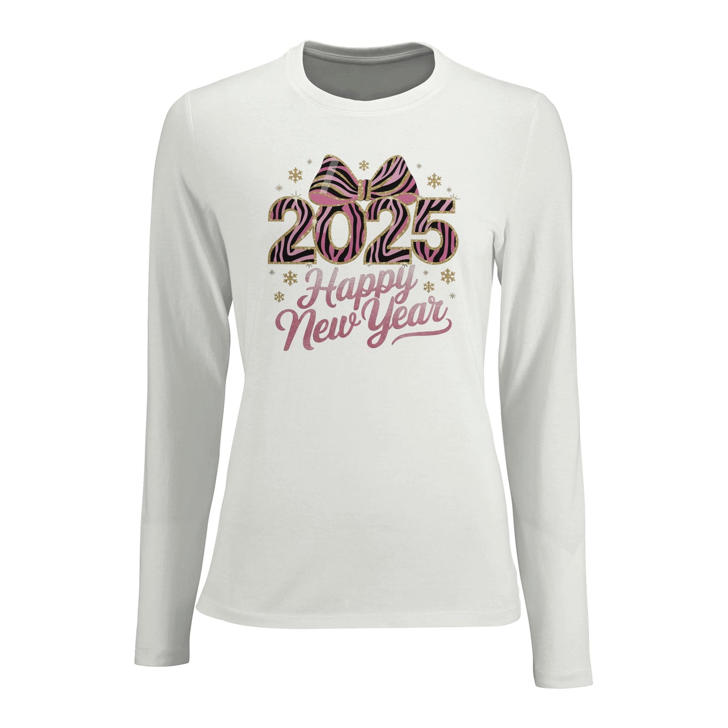 Tailliertes Damen Langarm T-Shirt mit Spruch für Jahreswechsel bzw. Silvester Print - 2025 Happy New Year mit Masche - mehrere Farben und große Größen - Weiß