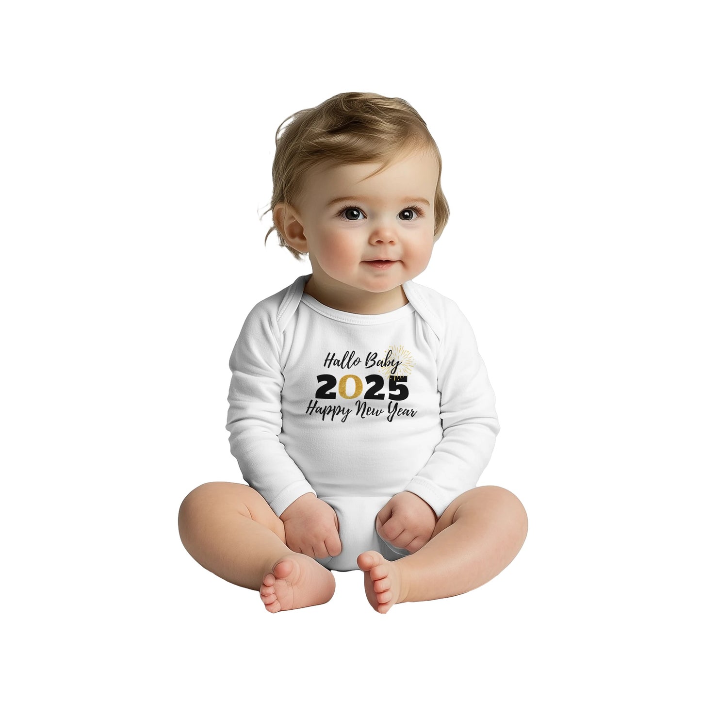 Unisex Baby Langarm Body mit Aufdruck - Hallo Baby 2025 Happy New Year - schwarz gold weiß - 100% Baumwolle - Größe bis 18 Monate bzw. 86 - Strampler Body mit Aufdruck -