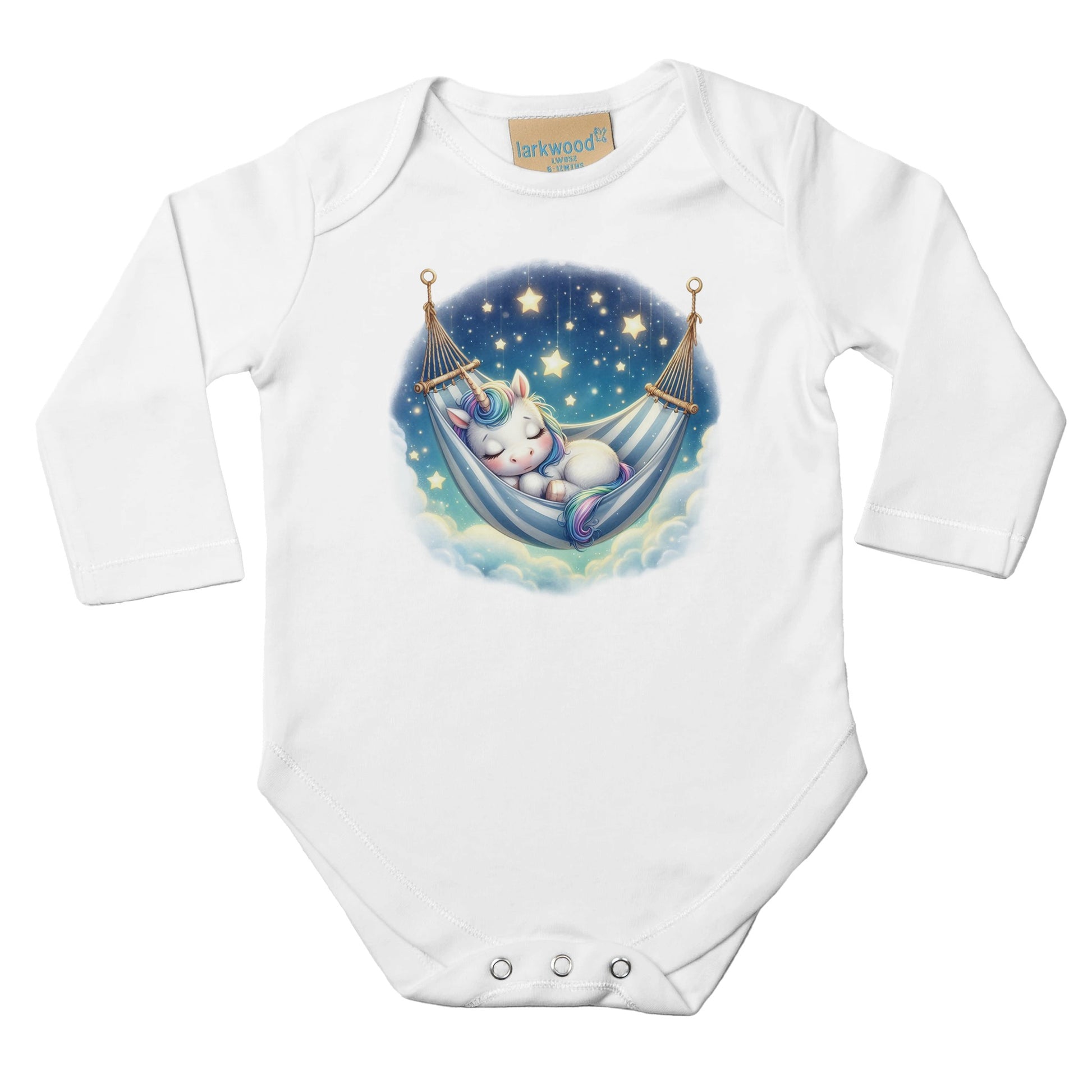 Unisex Baby Langarm Body mit Aufdruck - Mädchen Einhorn mit Sterne - 100% Baumwolle - Größe bis 18 Monate bzw. 86 - Strampler Body mit Aufdruck -