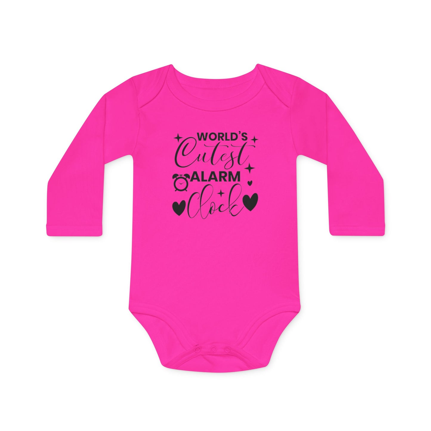 Langarm Baby und Kinder Bio Body mit Spruch mit Wecker - Unisex Bodysuit mit Aufdruck für Neugeborene und Kleinkinder - 100% Bio Baumwolle, 200 g/m², bis 18 Monate bzw. 86cm - Fuchsia