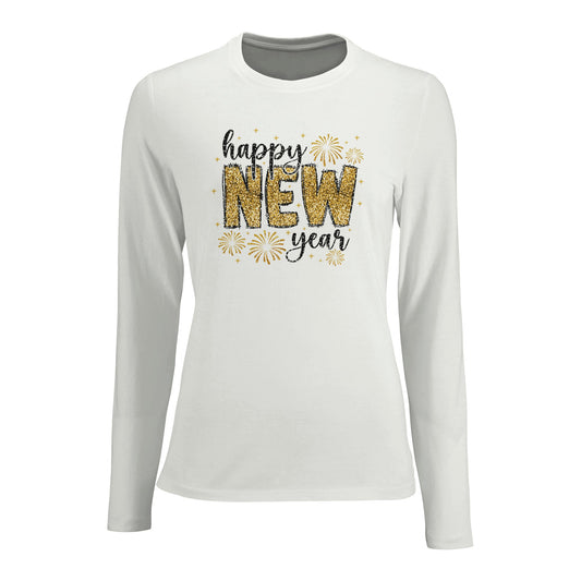 Tailliertes Damen Langarm T-Shirt mit Spruch für Jahreswechsel bzw. Silvester Print - Happy New Year mit Feuerwerk - mehrere Farben und große Größen - Weiß