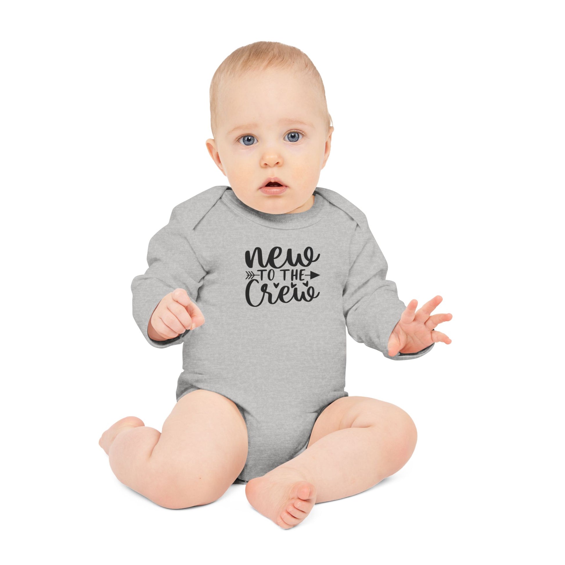 Langarm Baby und Kinder Bio Body mit Spruch "Mew to the crew" - Unisex Bodysuit mit Aufdruck für Neugeborene und Kleinkinder - 100% Bio Baumwolle, 200 g/m², bis 18 Monate bzw. 86cm - mehrere Farben und Größen -