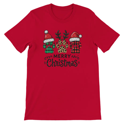 Unisex Kurzarm T-Shirt mit Merry Christmas Hundepfoten Print für Weihnachten und Winter - leicht tailliert – viele Farben und große Größen für Damen und Herren - Rot