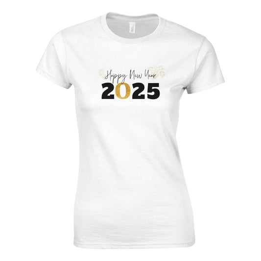 Tailliertes Damen Kurzarm T-Shirt mit Print für den Jahreswechsel - Happy New Year mit gold schwarz weiß - in großen Größen -