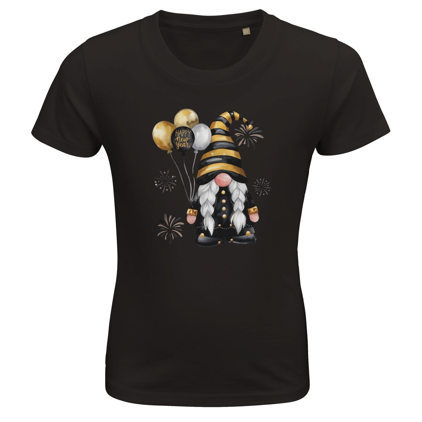 Kinder BIO Kurzarm Rundhals-T-Shirt mit Print für den Jahreswechsel bzw. Silvester - Gnom mit Luftballons - gold schwarz - körperbetonter Schnitt - Größe 86 bis 152 und mehrere Farben - Deep Black