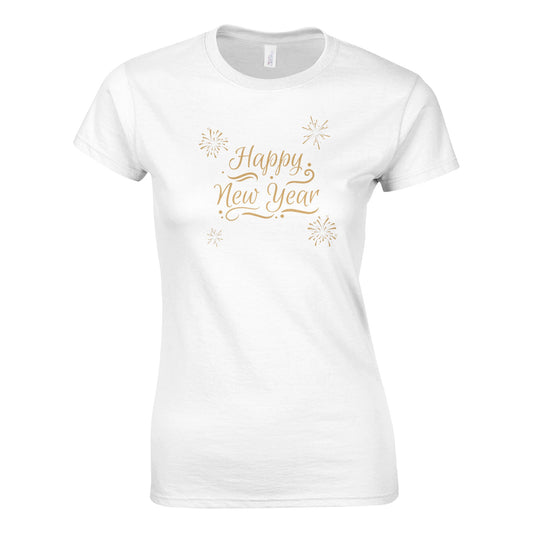 Tailliertes Damen Kurzarm T-Shirt mit Print für den Jahreswechsel – Happy New Year mit gold weiß - in großen Größen - Weiß