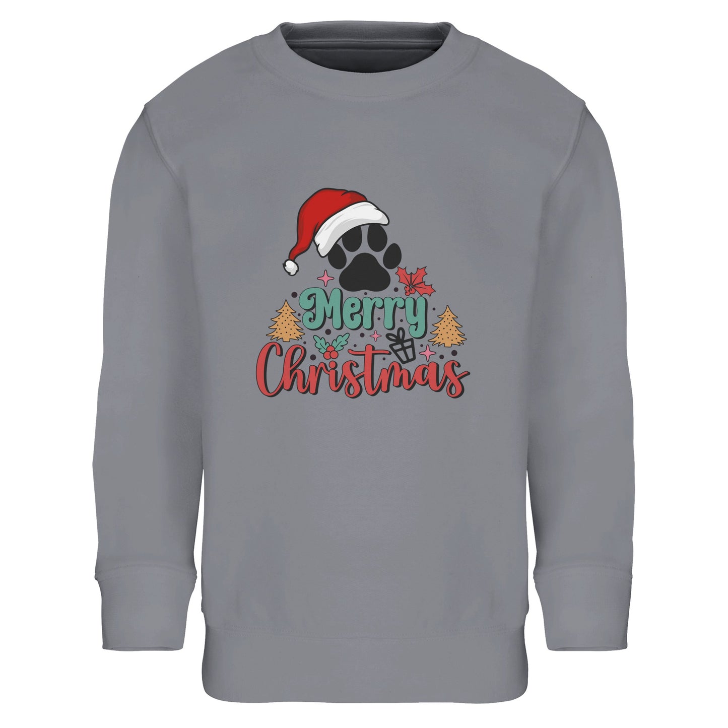 Unisex Kinder Sweatshirt mit Hundepfote und Merry Christmas - hübscher Print für Weihnachten und Winter - 4 bis 14 Jahre – in vielen Farben und Größen - gebürstet - Grey Melange