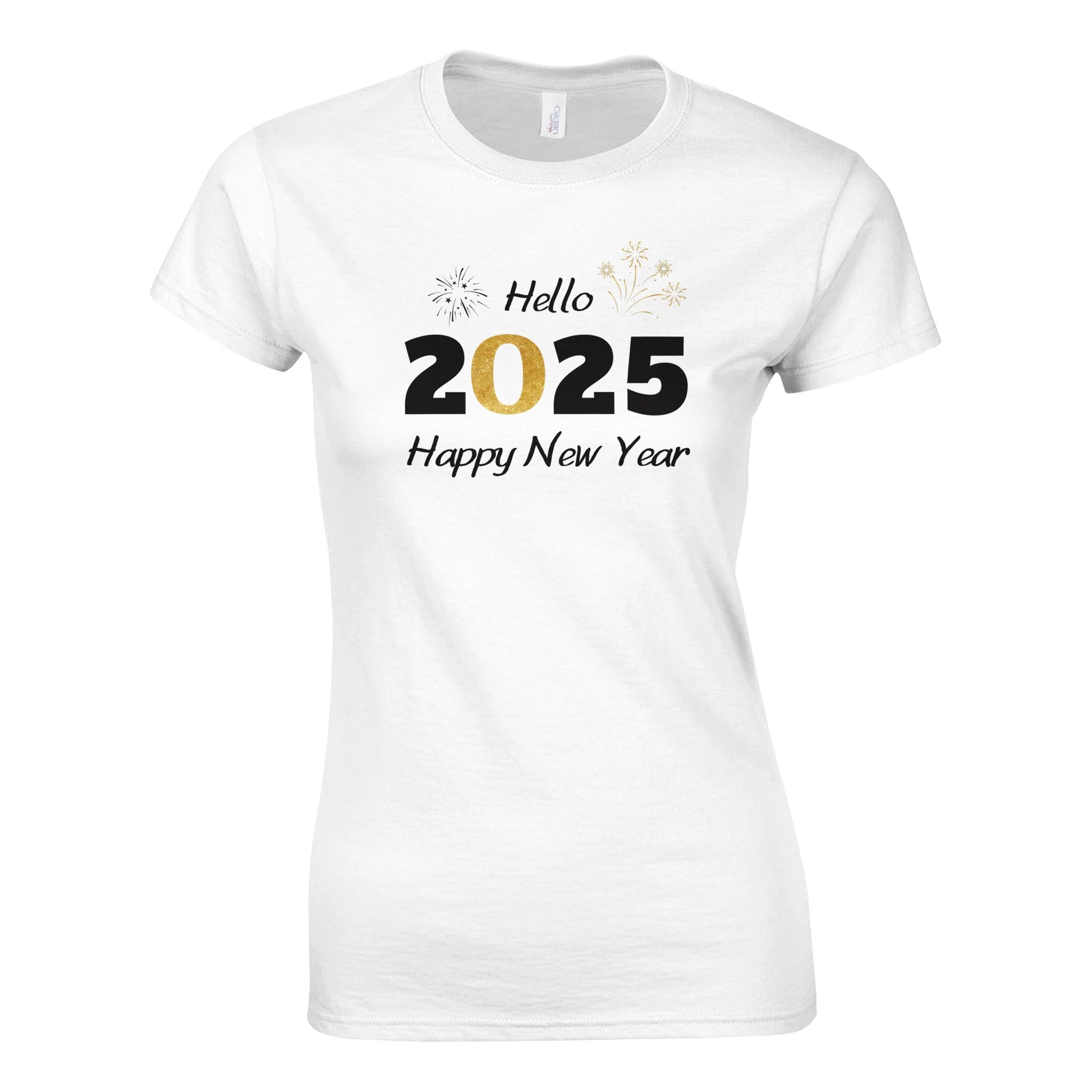 Tailliertes Damen Kurzarm T-Shirt mit Print für den Jahreswechsel – Hello 2025 - Happy New Year mit gold schwarz weiß - in großen Größen -