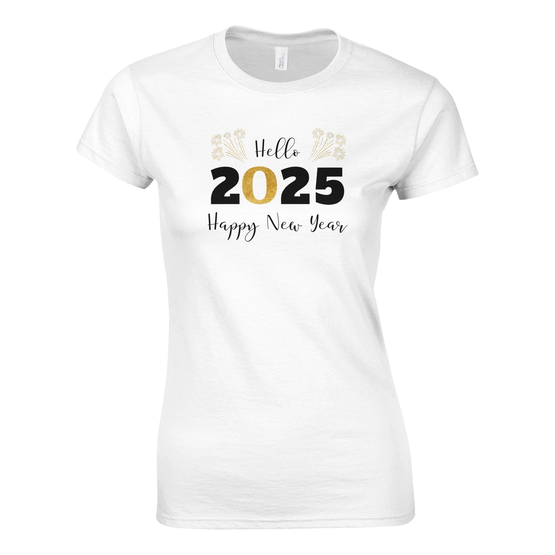 Tailliertes Damen Kurzarm T-Shirt mit Print für den Jahreswechsel – Hello 2025 Happy New Year - in großen Größen -