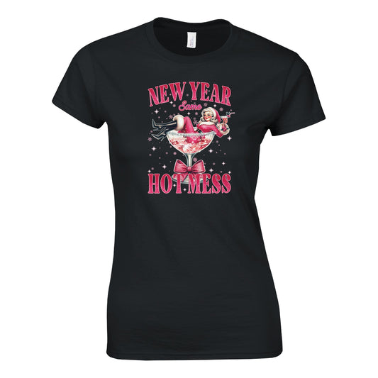 Tailliertes Damen Kurzarm T-Shirt mit Print für den Jahreswechsel – New Year Hot Girl – pink schwarz - auch in großen Größen - Schwarz