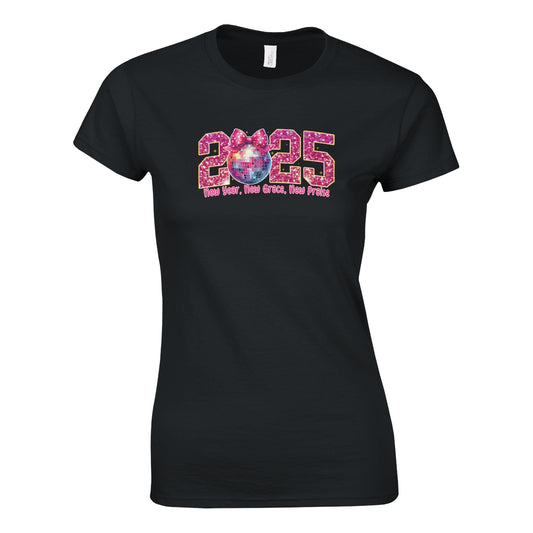 Tailliertes Damen Kurzarm T-Shirt mit Print für den Jahreswechsel – New Year 2025 – pink schwarz - auch in großen Größen - Schwarz