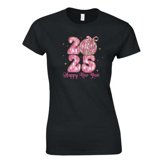 Tailliertes Damen Kurzarm T-Shirt mit Print für den Jahreswechsel – Happy New Year 2025 – pink schwarz weiß - auch in großen Größen - Schwarz