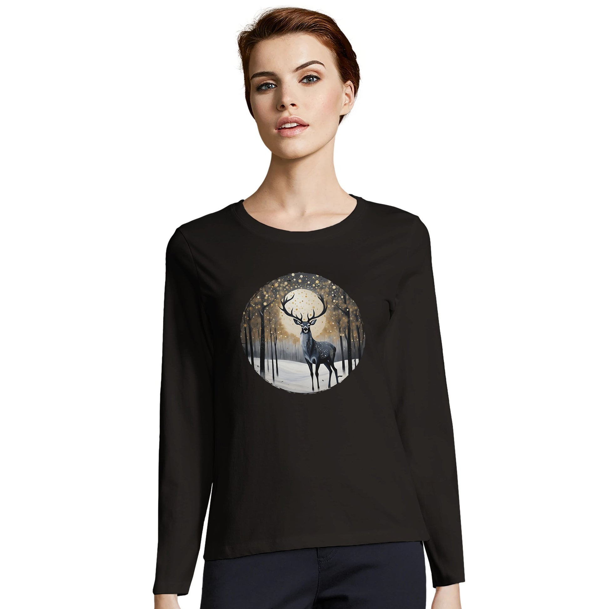 Tailliertes Damen Langarm-T-Shirt mit Hirsch vor Vollmond - grau weiß gold schwarz -