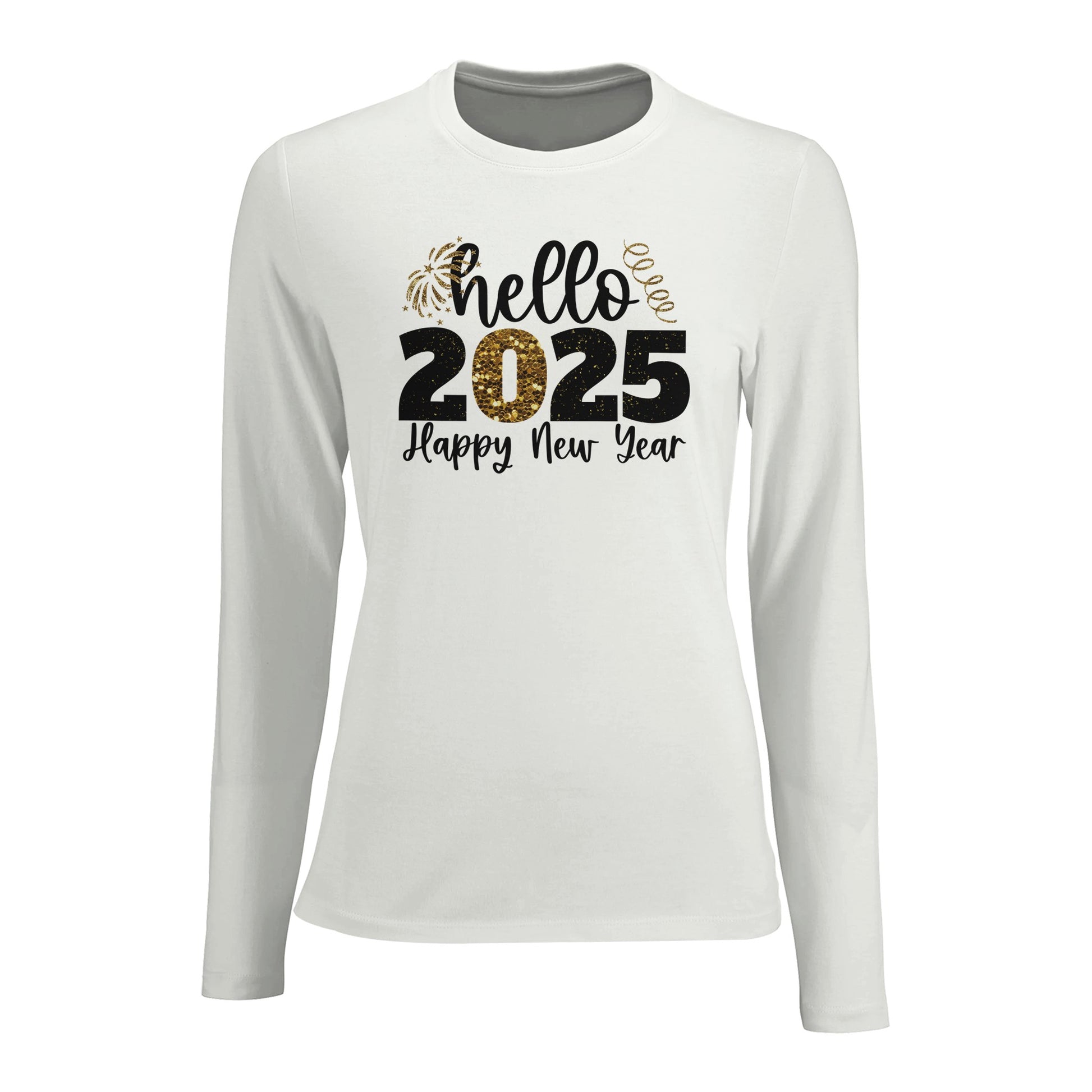 Tailliertes Damen Langarm T-Shirt mit Spruch für Jahreswechsel bzw. Silvester Print - Hello 2025 Happy New Year - mehrere Farben und große Größen -