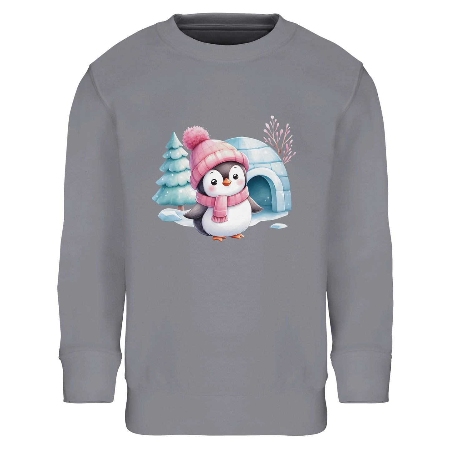 Kinder Sweatshirt mit Pinguin vor Iglu - hübscher Mädchen Print für Weihnachten und Winter - 4 bis 14 Jahre – in vielen Farben und Größen - Grey Melange