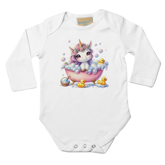 Unisex Baby Langarm Body mit Aufdruck - Einhorn Mädchen beim Baden mit Seifenblasen - 100% Baumwolle - Größe bis 18 Monate bzw. 86 - Strampler Body mit Aufdruck -