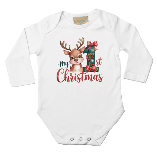 Unisex Baby Langarm Body für Weihnachten mit Aufdruck - My first Christmas mit Rentier - 100% Baumwolle - Größe bis 18 Monate bzw. 86 - Strampler Body mit Muster -