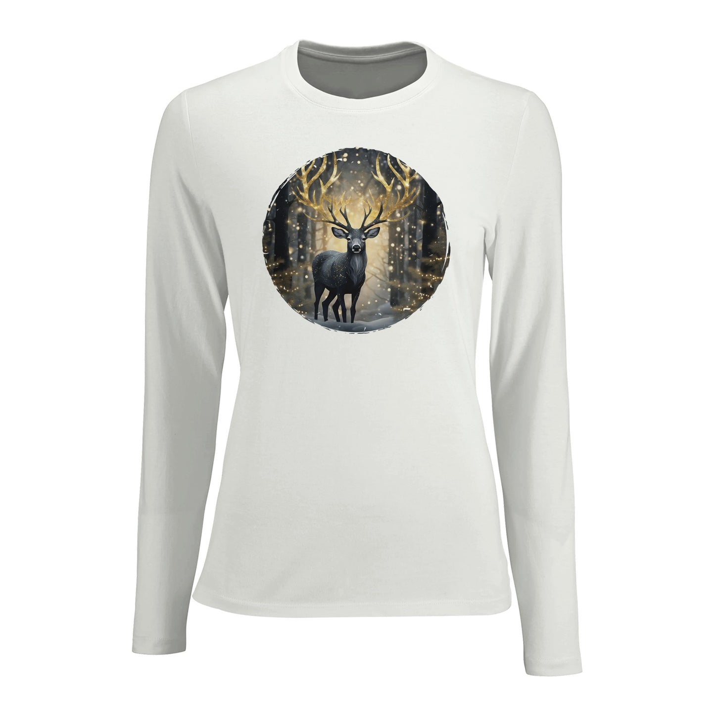 Tailliertes Damen Langarm-T-Shirt mit Hirsch im elegantem Druck - schwarz weiß gold - Weiß