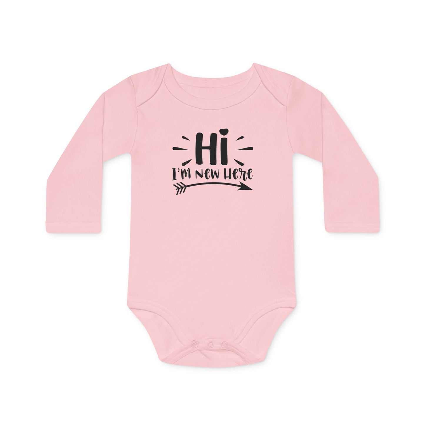 Langarm Baby und Kinder Bio Body mit Spruch "Hi - I´m new here" - Unisex Bodysuit mit Aufdruck für Neugeborene und Kleinkinder - 100% Bio Baumwolle, 200 g/m², bis 18 Monate bzw. 86cm - Powder Pink