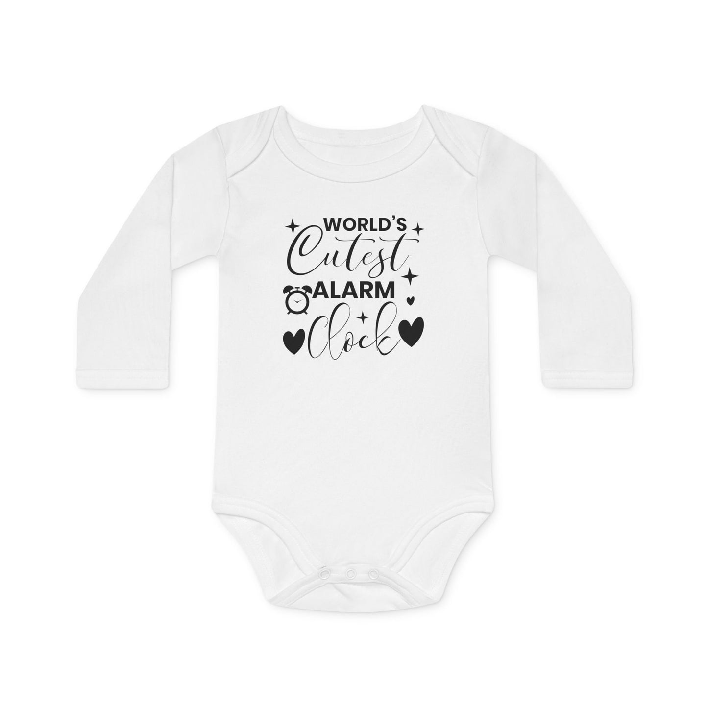 Langarm Baby und Kinder Bio Body mit Spruch mit Wecker - Unisex Bodysuit mit Aufdruck für Neugeborene und Kleinkinder - 100% Bio Baumwolle, 200 g/m², bis 18 Monate bzw. 86cm - White