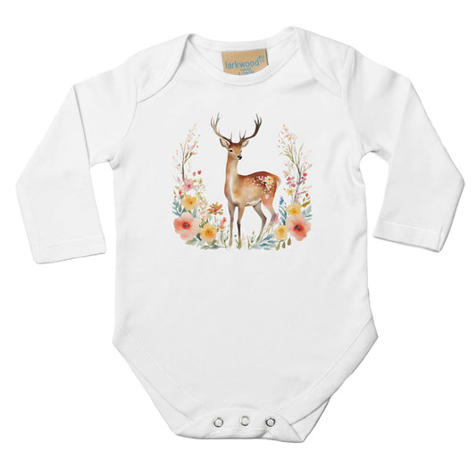 Klassischer langärmliger BaUnisex Baby Langarm Body mit Aufdruck - Hirsch mit Blumen - 100% Baumwolle - Größe bis 18 Monate bzw. 86 - Strampler Body mit Aufdruckby-Strampler Weiß -