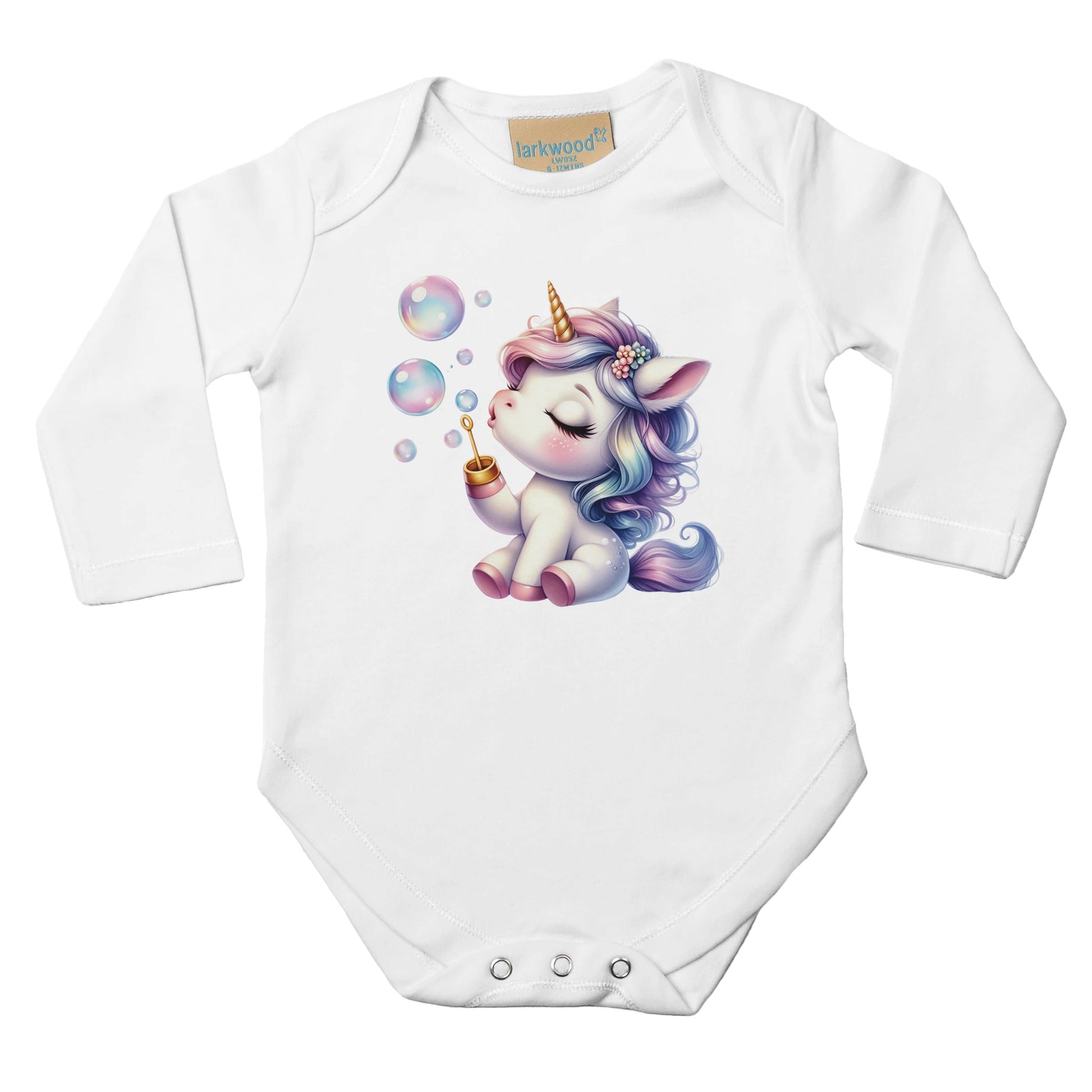 Unisex Baby Langarm Body mit Aufdruck - Einhorn Mädchen mit Seifenblasen - 100% Baumwolle - Größe bis 18 Monate bzw. 86 - Strampler Body mit Aufdruck -