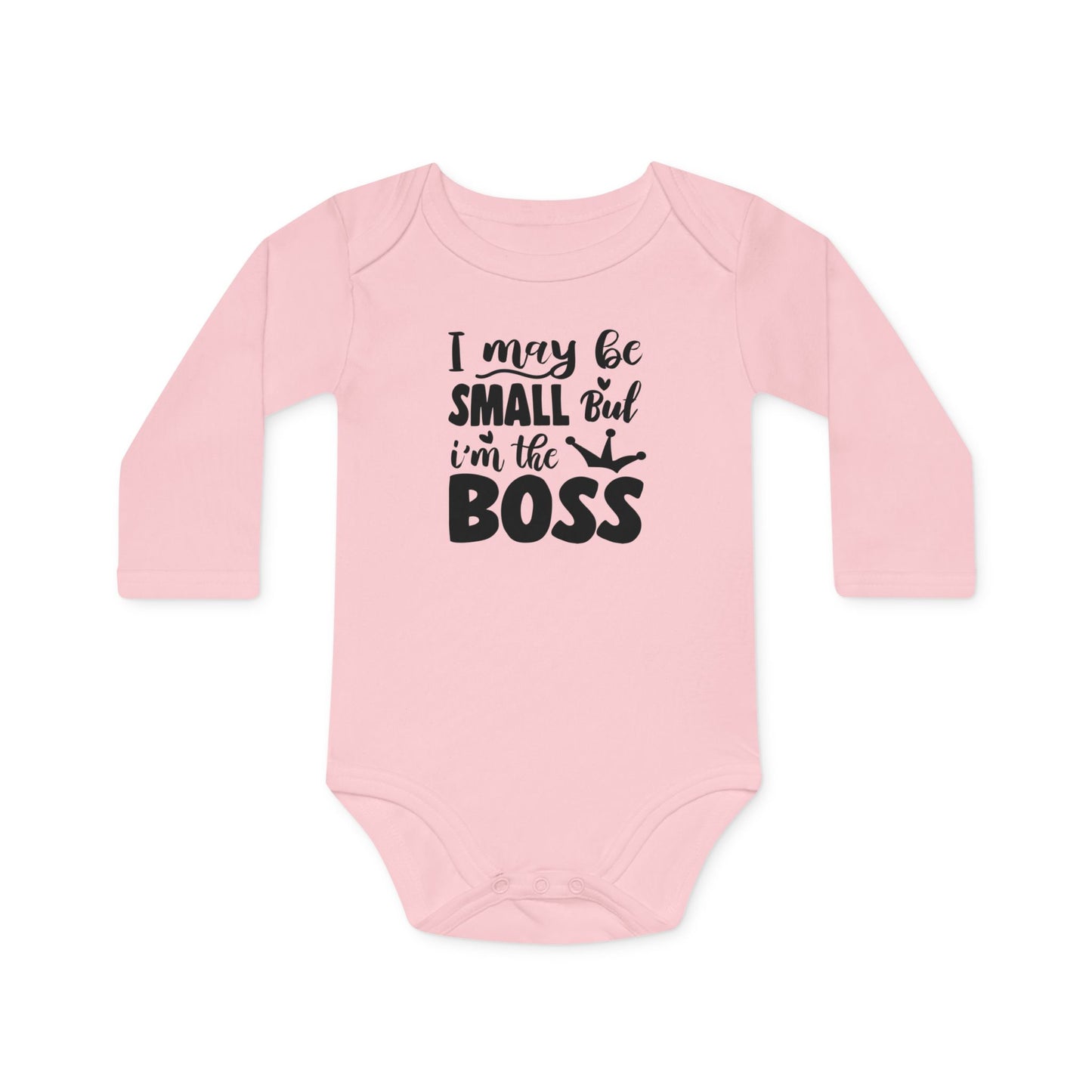 Langarm Baby und Kinder Bio Body mit Spruch "I may be small, but I´m the boss" - Unisex Bodysuit mit Aufdruck für Neugeborene und Kleinkinder - 100% Bio Baumwolle, 200 g/m², bis 18 Monate bzw. 86cm - Powder Pink