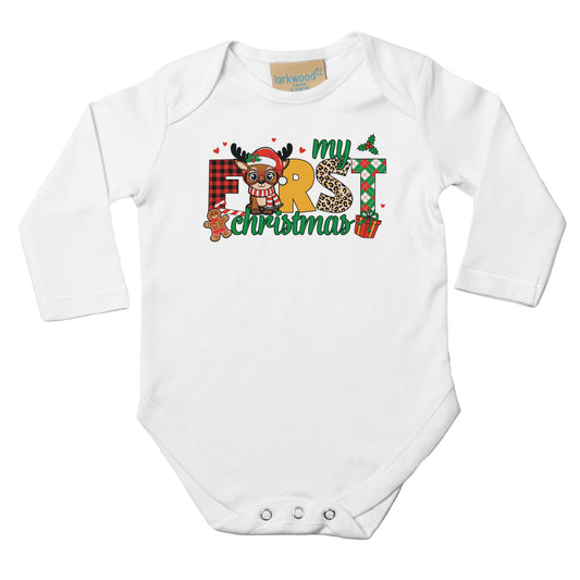 Baby Langarm Body für Weihnachten mit Aufdruck - My First Christmas mit Elch - 100% Baumwolle - Größe bis 18 Monate bzw. 86 - Strampler Body mit Muster -