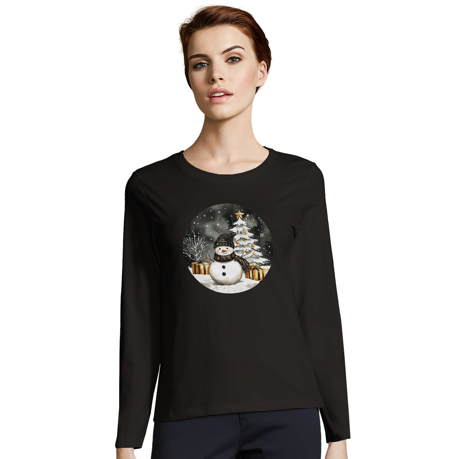 Tailliertes Damen Langarm-T-Shirt mit Schneemann, Christbaum und Geschenke - schwarz weiß gold -