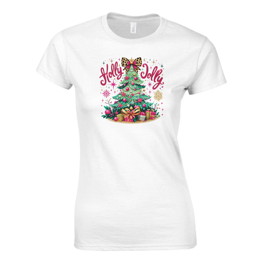 Tailliertes Damen Kurzarm T-Shirt mit Print - Christbaum und Holly Jolly - Weihnachten und Winter – viele Farben und große Größen -