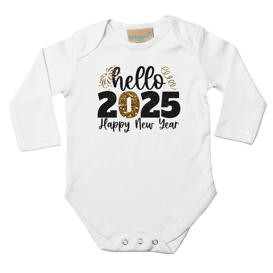 Unisex Baby Langarm Body mit Aufdruck - hello 2025 Happy New Year - 100% Baumwolle - Größe bis 18 Monate bzw. 86 - Strampler Body mit Aufdruck -