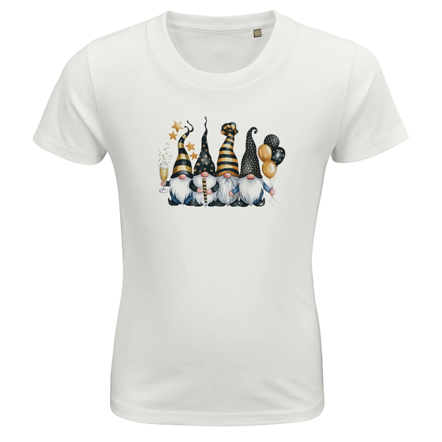 Kinder BIO Kurzarm Rundhals-T-Shirt mit Print für den Jahreswechsel bzw. Silvester - süße Wichtel feiern - körperbetonter Schnitt - Größe 86 bis 152 und mehrere Farben - White