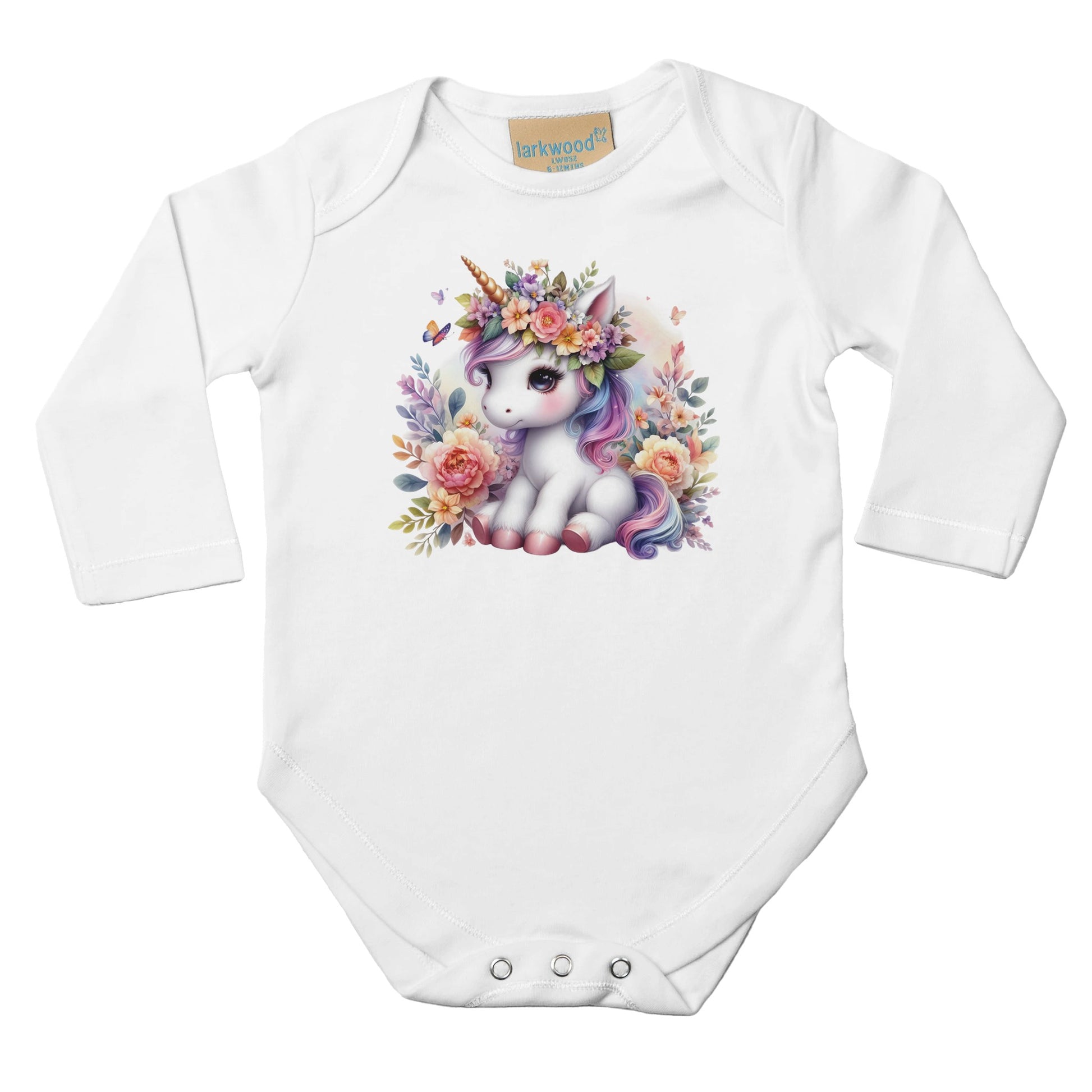 Unisex Baby Langarm Body mit Aufdruck - Einhorn Mädchen mit Blumen - 100% Baumwolle - Größe bis 18 Monate bzw. 86 - Strampler Body mit Aufdruck -