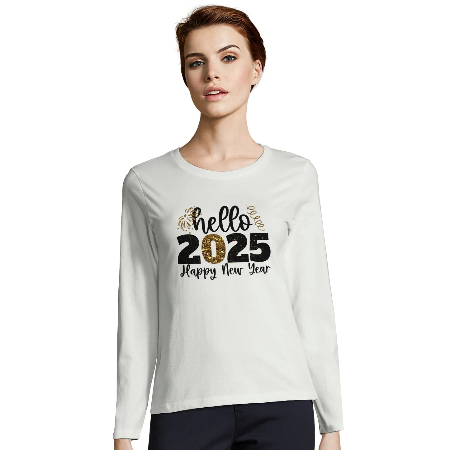 Tailliertes Damen Langarm T-Shirt mit Spruch für Jahreswechsel bzw. Silvester Print - Hello 2025 Happy New Year - mehrere Farben und große Größen -