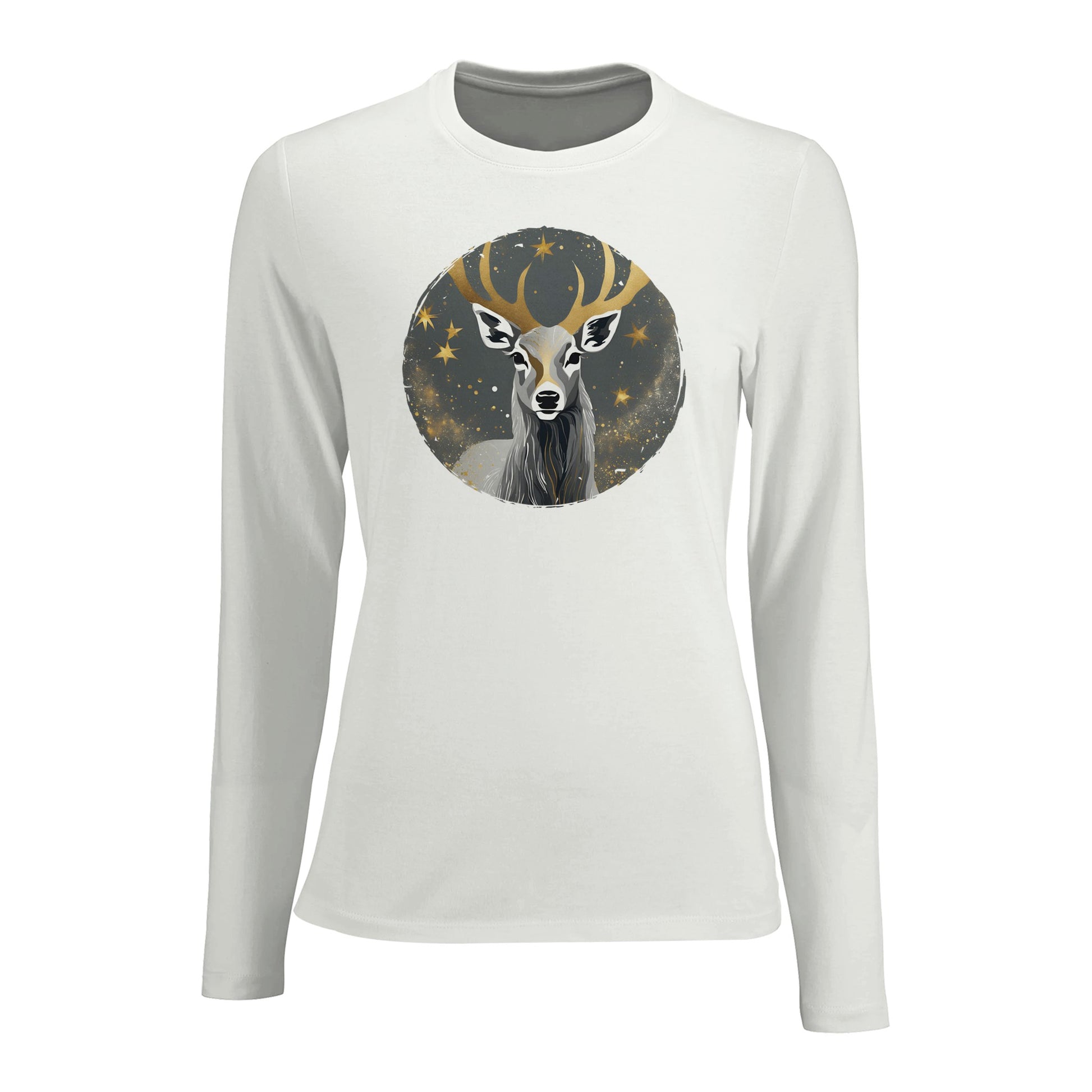 Tailliertes Damen Langarm-T-Shirt mit Hirsch als elegantem Aufdruck - grau weiß gold schwarz - Weiß