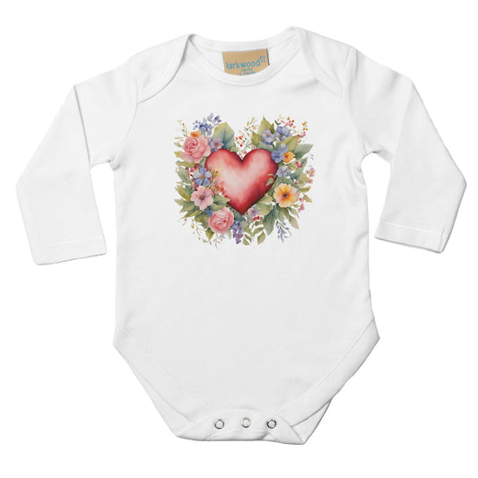 Unisex Baby Langarm Body mit Aufdruck - Blumenherz - 100% Baumwolle - Größe bis 18 Monate bzw. 86 - Strampler Body mit Aufdruck -