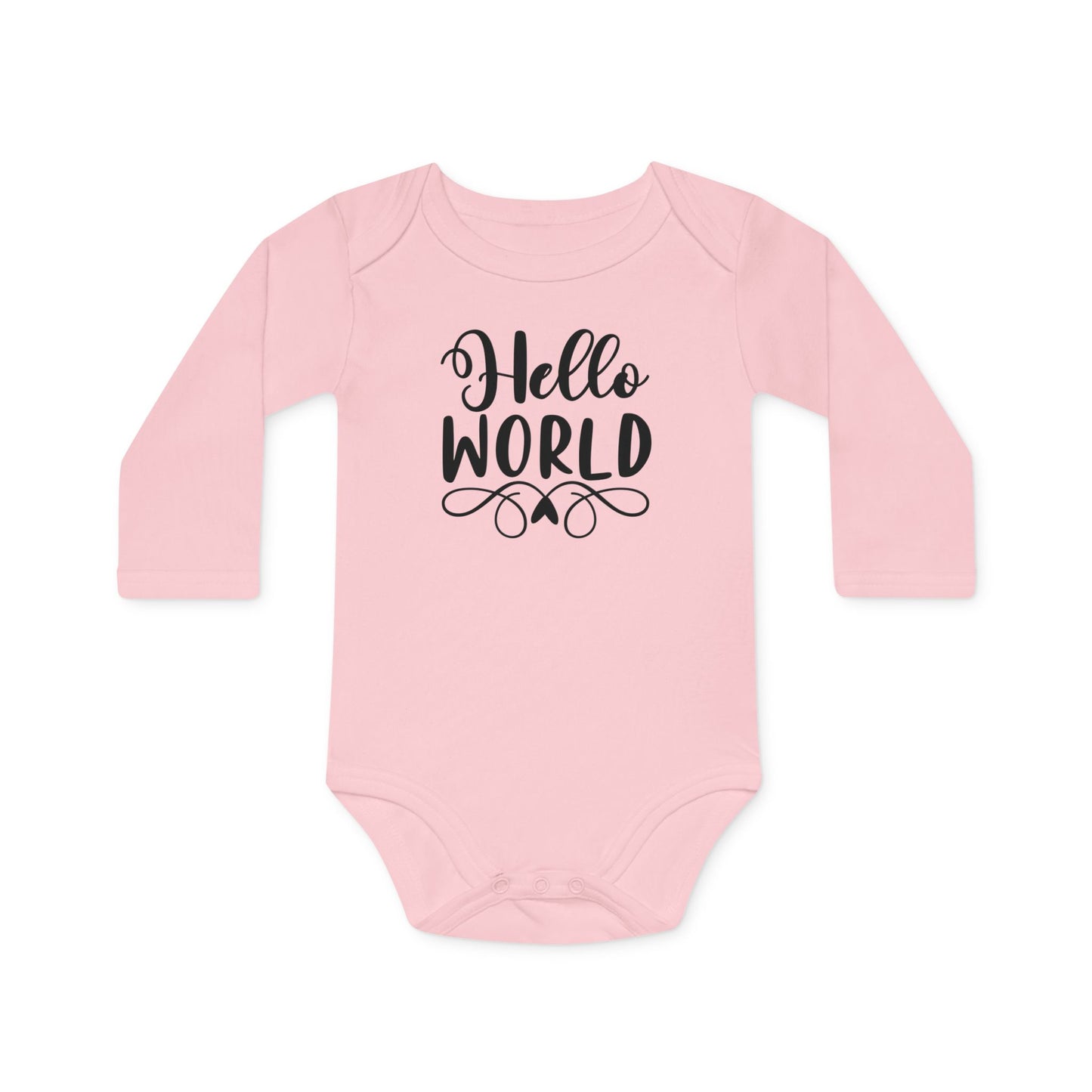 Langarm Baby und Kinder Bio Body mit Spruch "Hello World" - Unisex Bodysuit mit Aufdruck für Neugeborene und Kleinkinder - 100% Bio Baumwolle, 200 g/m², bis 18 Monate bzw. 86cm - Powder Pink