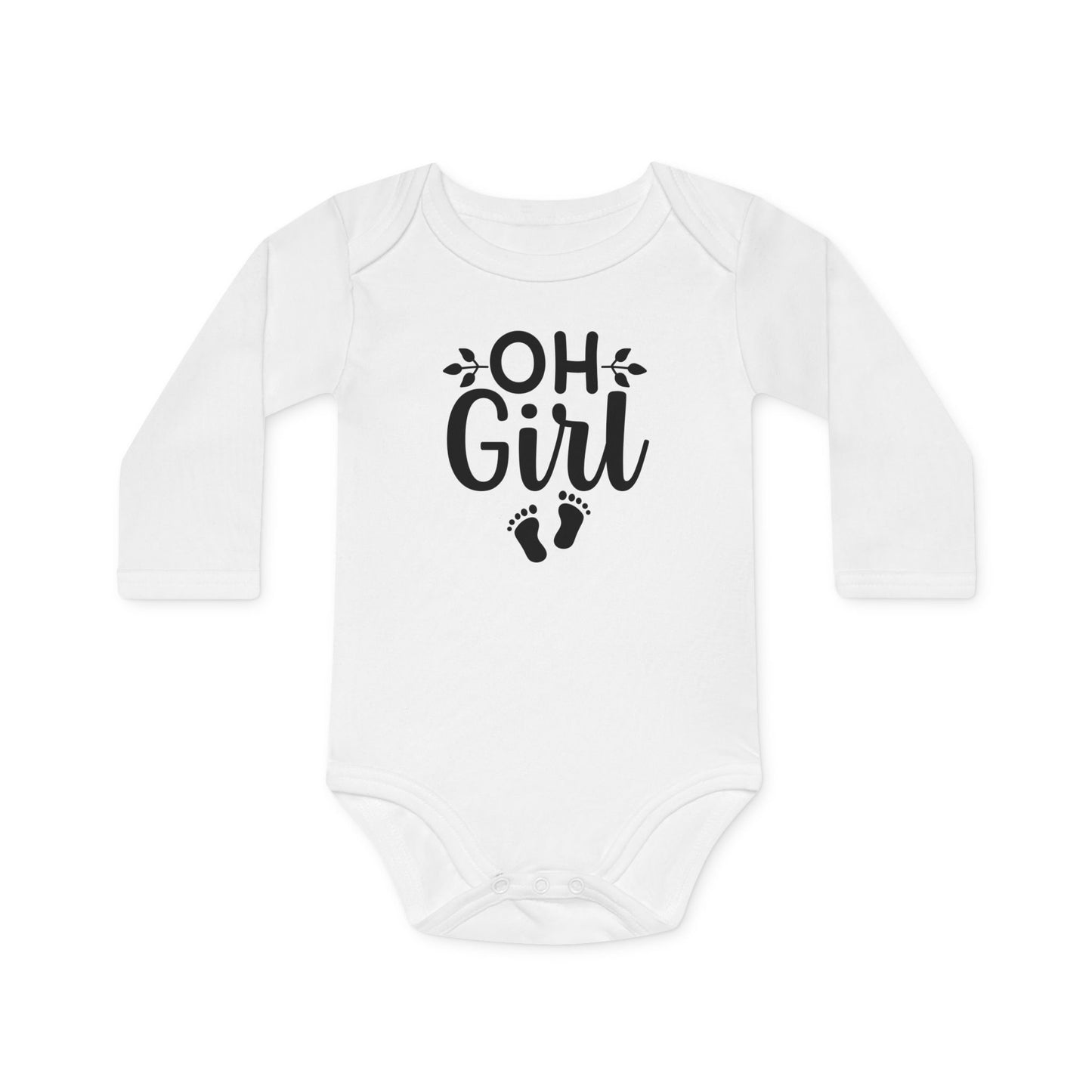 Langarm Baby und Kinder Bio Body mit Spruch "Oh Girl" mit Babyfüßchen - Unisex Bodysuit mit Aufdruck für Neugeborene und Kleinkinder - 100% Bio Baumwolle, 200 g/m², bis 18 Monate bzw. 86cm - mehrere Farben und Größen - White