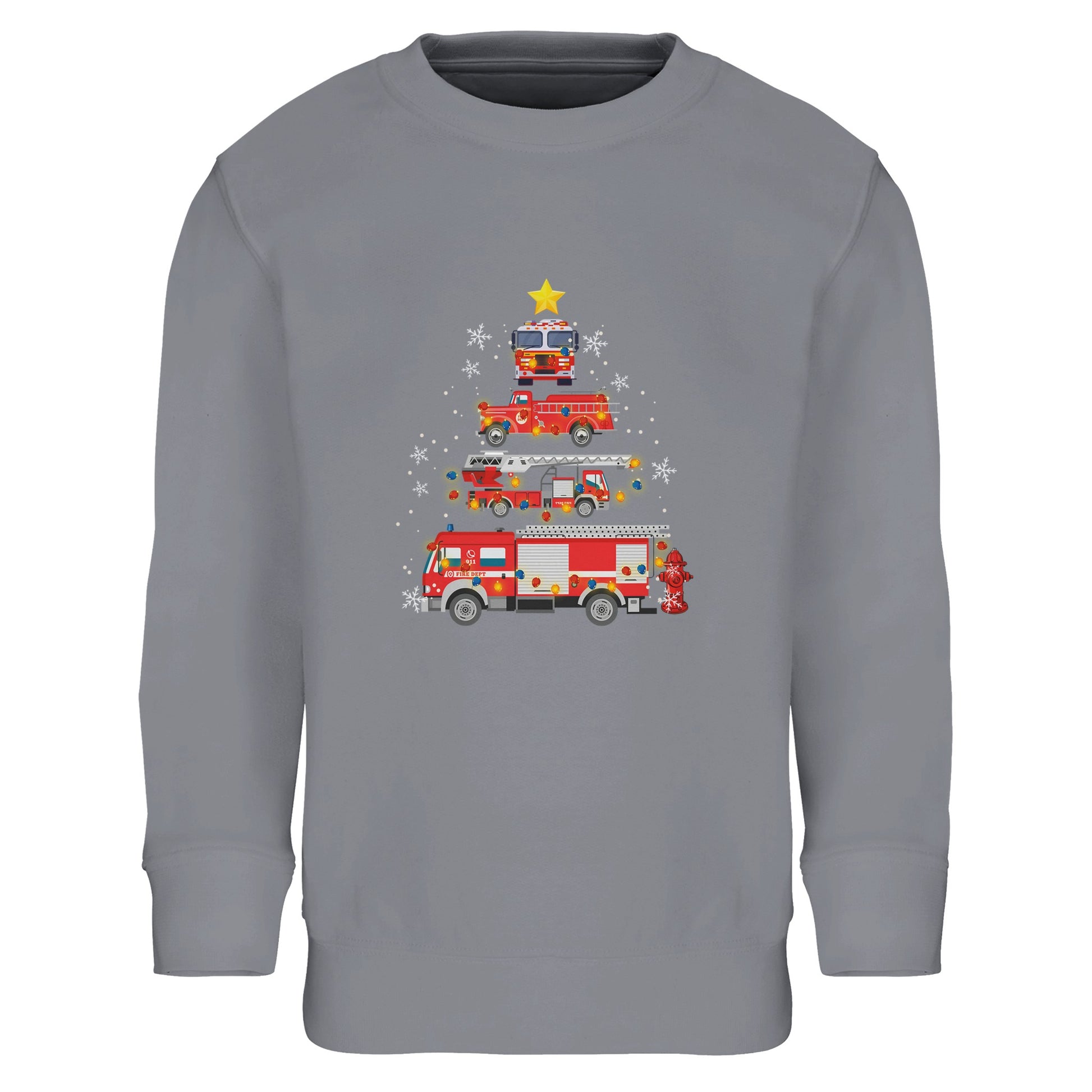 Kinder Sweatshirt mit Feuerwehr Fahrzeuge und Sterne - Jungen Aufdruck für Weihnachten und Winter - 4 bis 14 Jahre - viele verschiedene Farben - Grey Melange