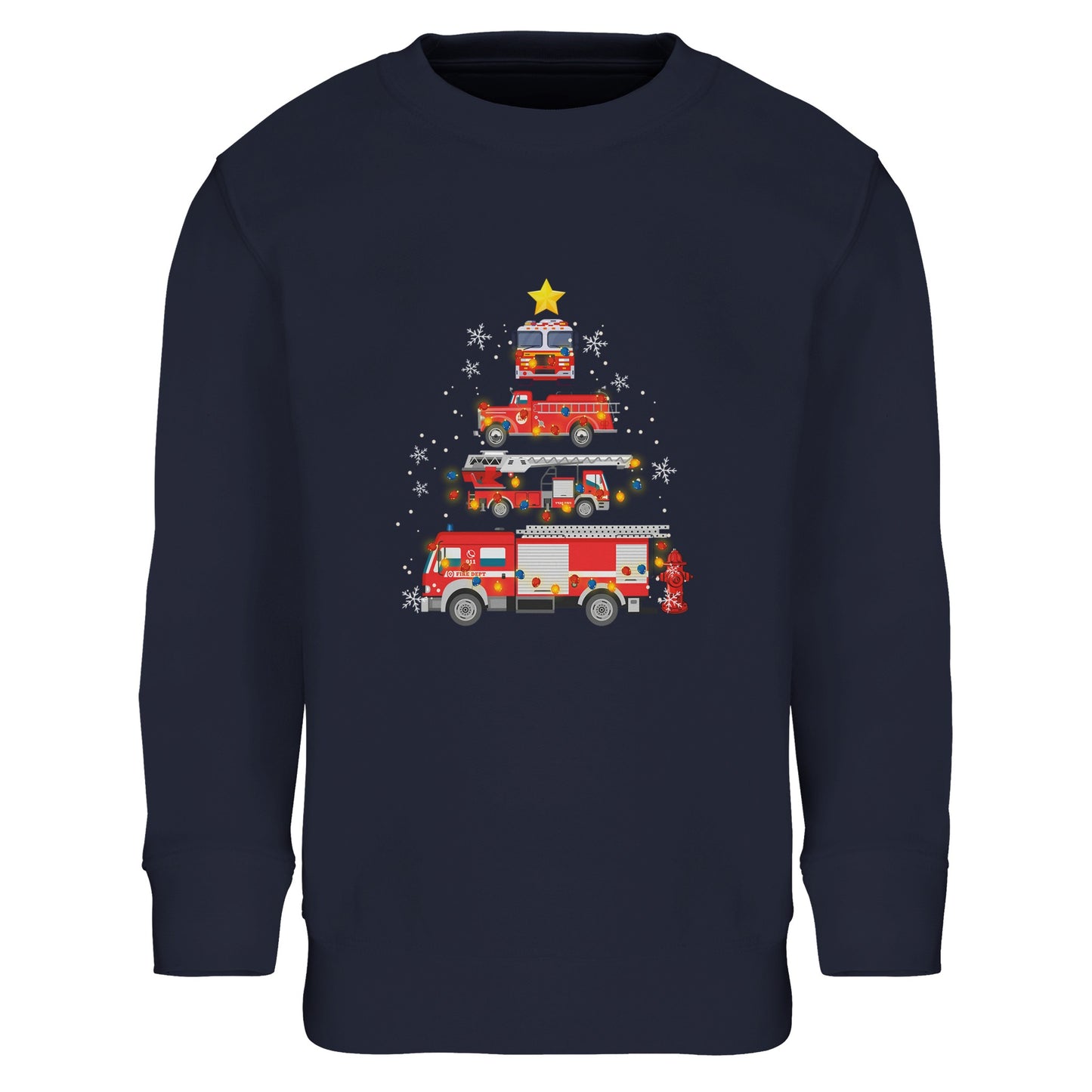 Kinder Sweatshirt mit Feuerwehr Fahrzeuge und Sterne - Jungen Aufdruck für Weihnachten und Winter - 4 bis 14 Jahre - viele verschiedene Farben - French Navy