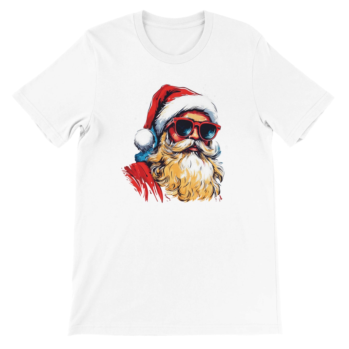 Unisex Kurzarm T-Shirt mit Print - Weinachtsmann mit Sonnenbrille - Weihnachten und Winter - leicht tailliert – viele Farben und große Größen für Damen und Herren - Weiß