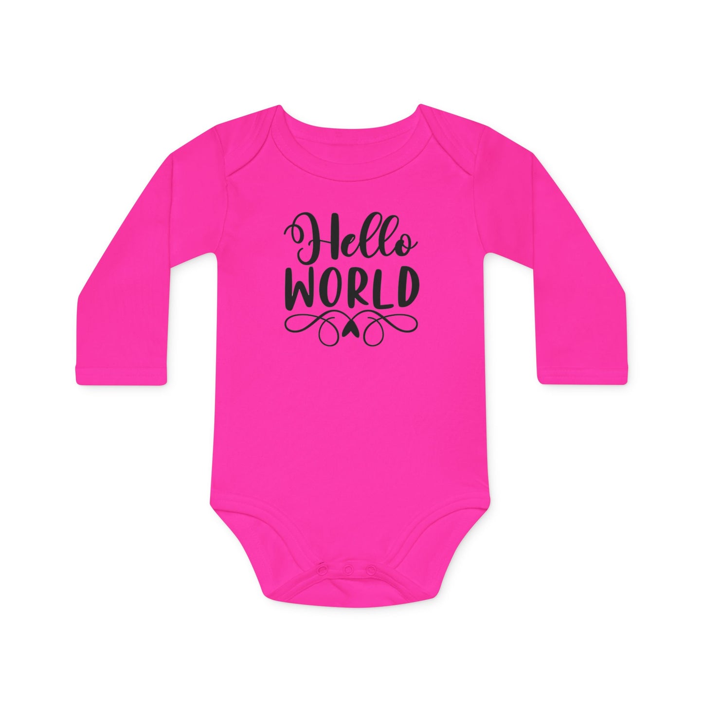 Langarm Baby und Kinder Bio Body mit Spruch "Hello World" - Unisex Bodysuit mit Aufdruck für Neugeborene und Kleinkinder - 100% Bio Baumwolle, 200 g/m², bis 18 Monate bzw. 86cm - Fuchsia