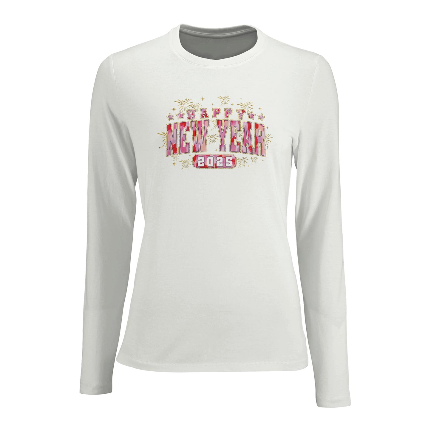 Tailliertes Damen Langarm T-Shirt mit Spruch für Jahreswechsel bzw. Silvester Print - Retro Happy New Year 2025 mit Feuerwerk - mehrere Farben und große Größen - Weiß