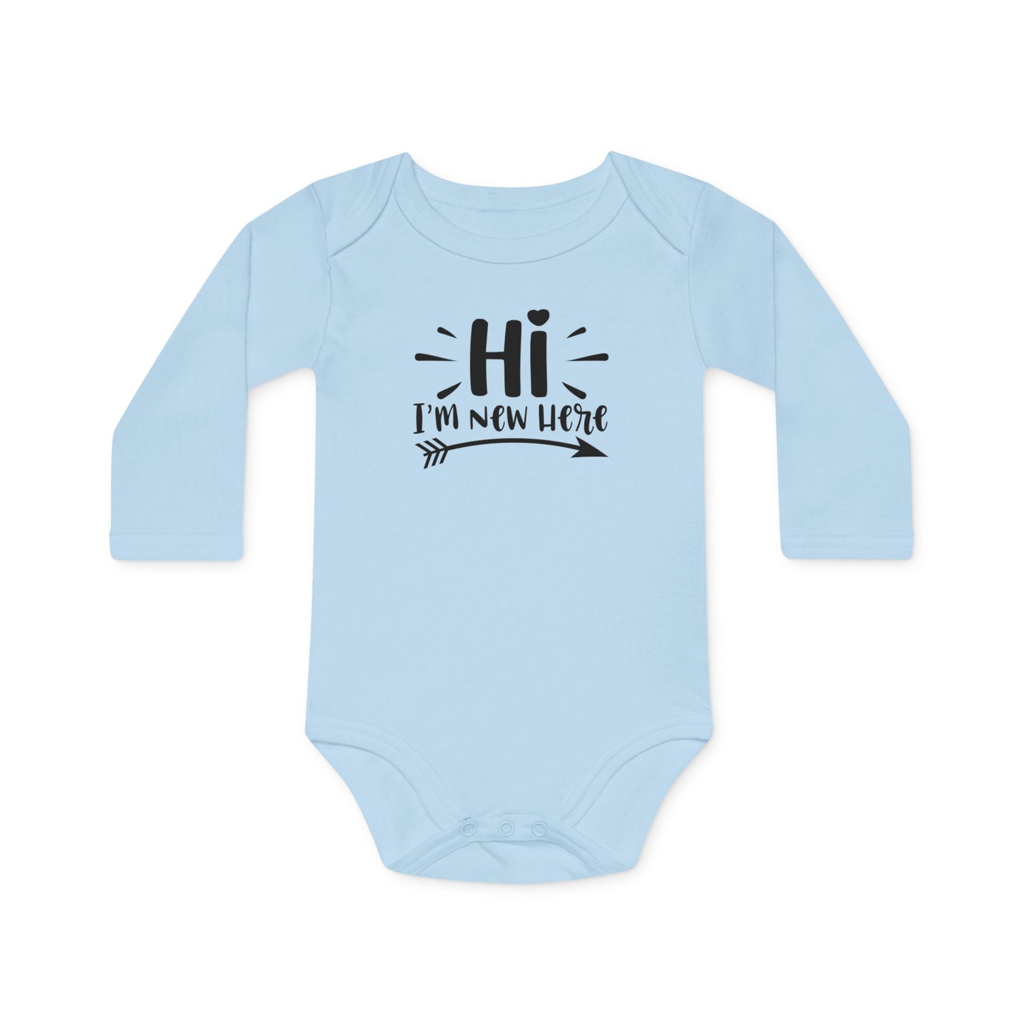 Langarm Baby und Kinder Bio Body mit Spruch "Hi - I´m new here" - Unisex Bodysuit mit Aufdruck für Neugeborene und Kleinkinder - 100% Bio Baumwolle, 200 g/m², bis 18 Monate bzw. 86cm - Dusty Blue