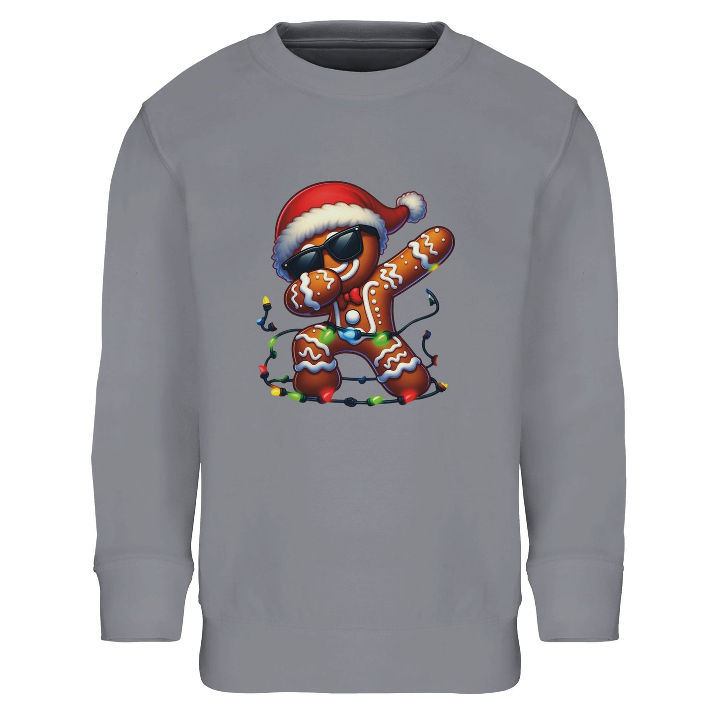 Unisex Kinder Sweatshirt mit tanzendem Keks mit Weihnachtsmütze - Aufdruck für Weihnachten und Winter - 4 bis 14 Jahre - viele verschiedene Farben - Grey Melange