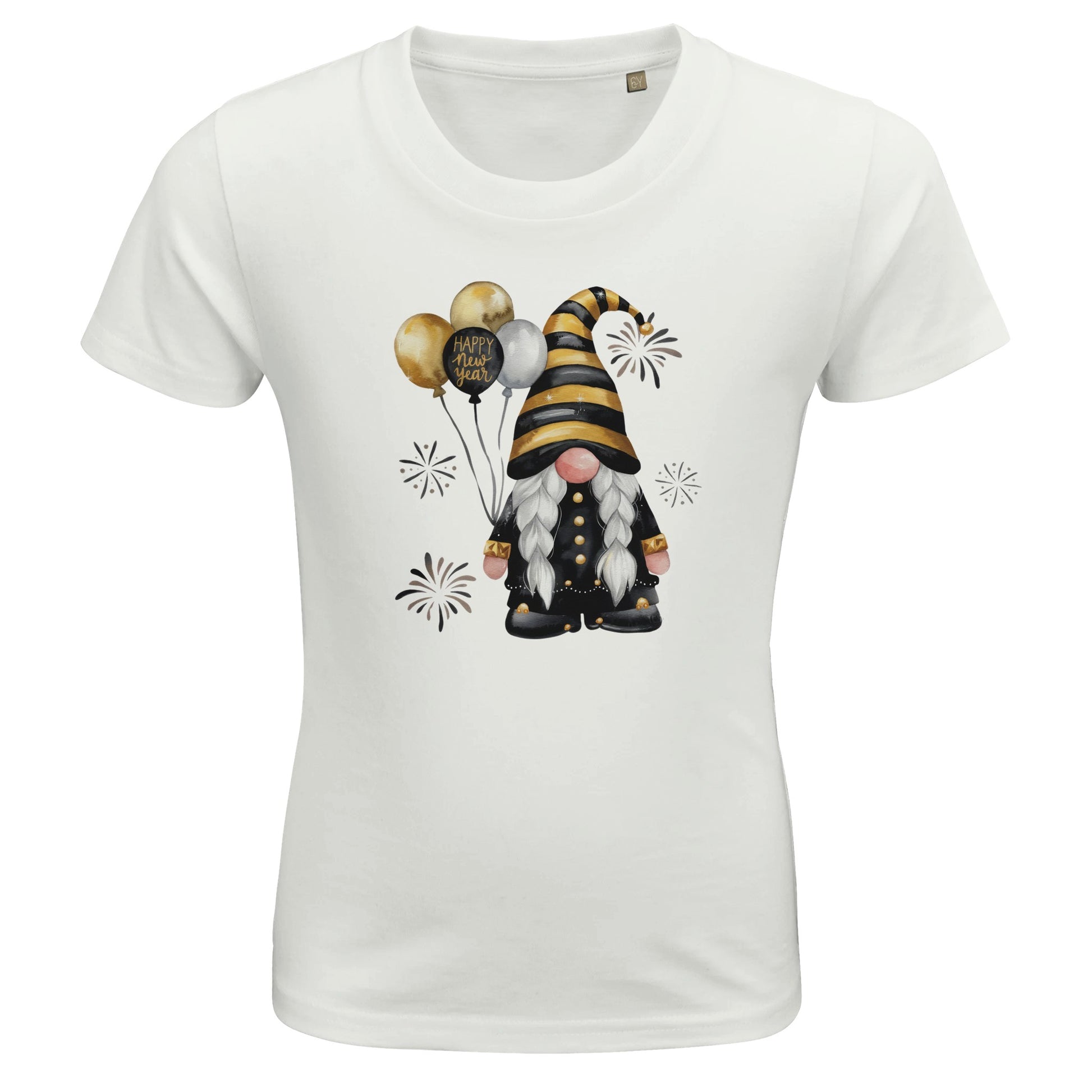 Kinder BIO Kurzarm Rundhals-T-Shirt mit Print für den Jahreswechsel bzw. Silvester - Gnom mit Luftballons - gold schwarz - körperbetonter Schnitt - Größe 86 bis 152 und mehrere Farben - White