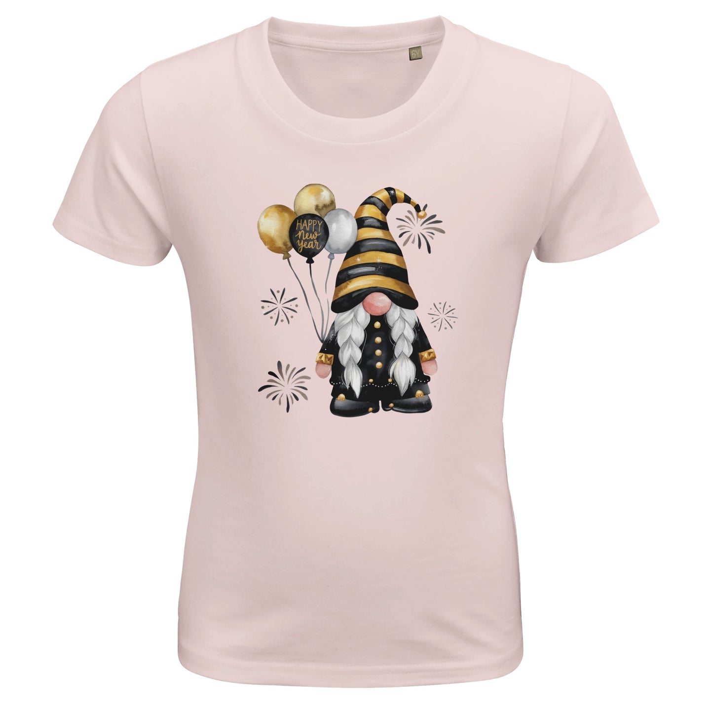 Kinder BIO Kurzarm Rundhals-T-Shirt mit Print für den Jahreswechsel bzw. Silvester - Gnom mit Luftballons - gold schwarz - körperbetonter Schnitt - Größe 86 bis 152 und mehrere Farben - Pale Pink