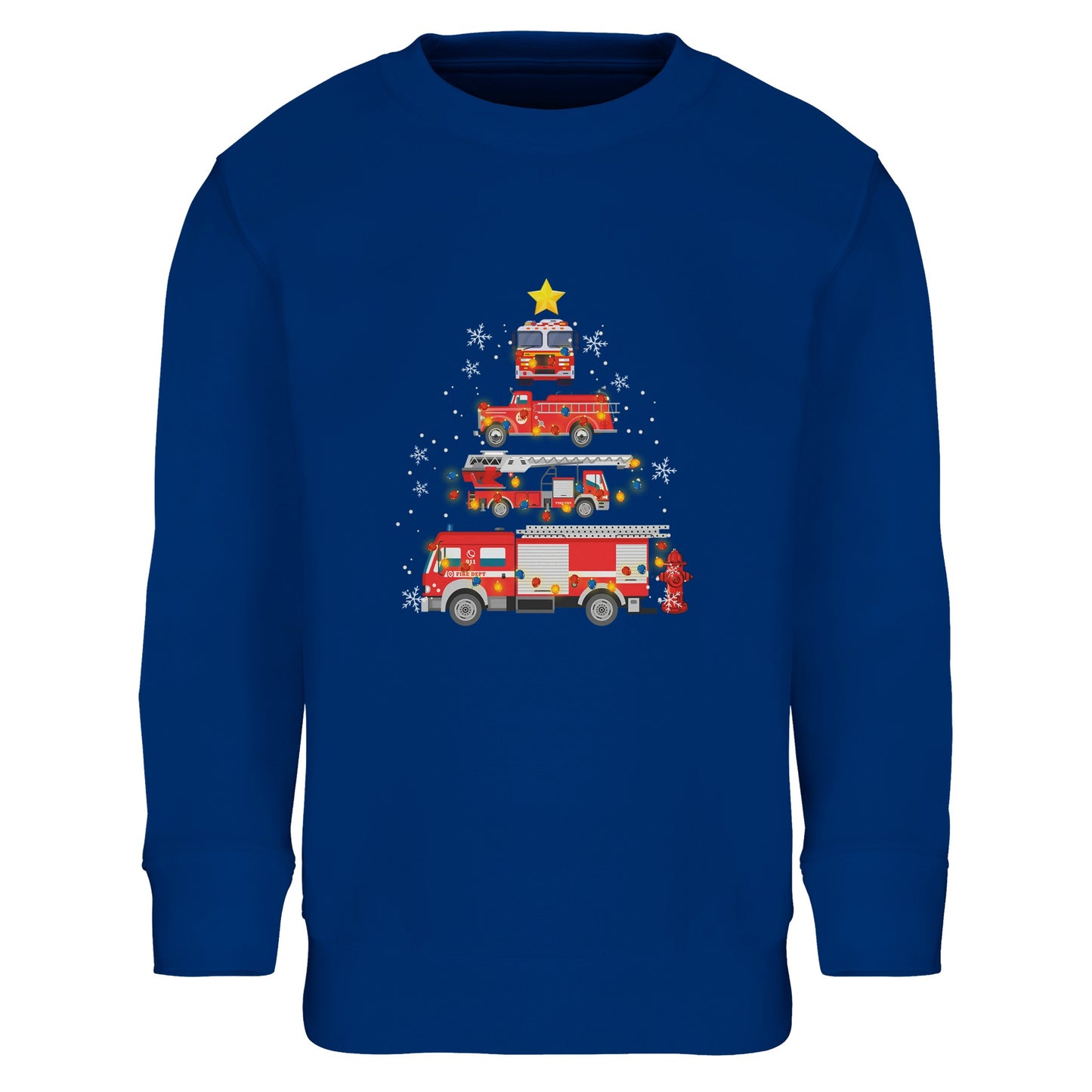 Kinder Sweatshirt mit Feuerwehr Fahrzeuge und Sterne - Jungen Aufdruck für Weihnachten und Winter - 4 bis 14 Jahre - viele verschiedene Farben - Royal Blue