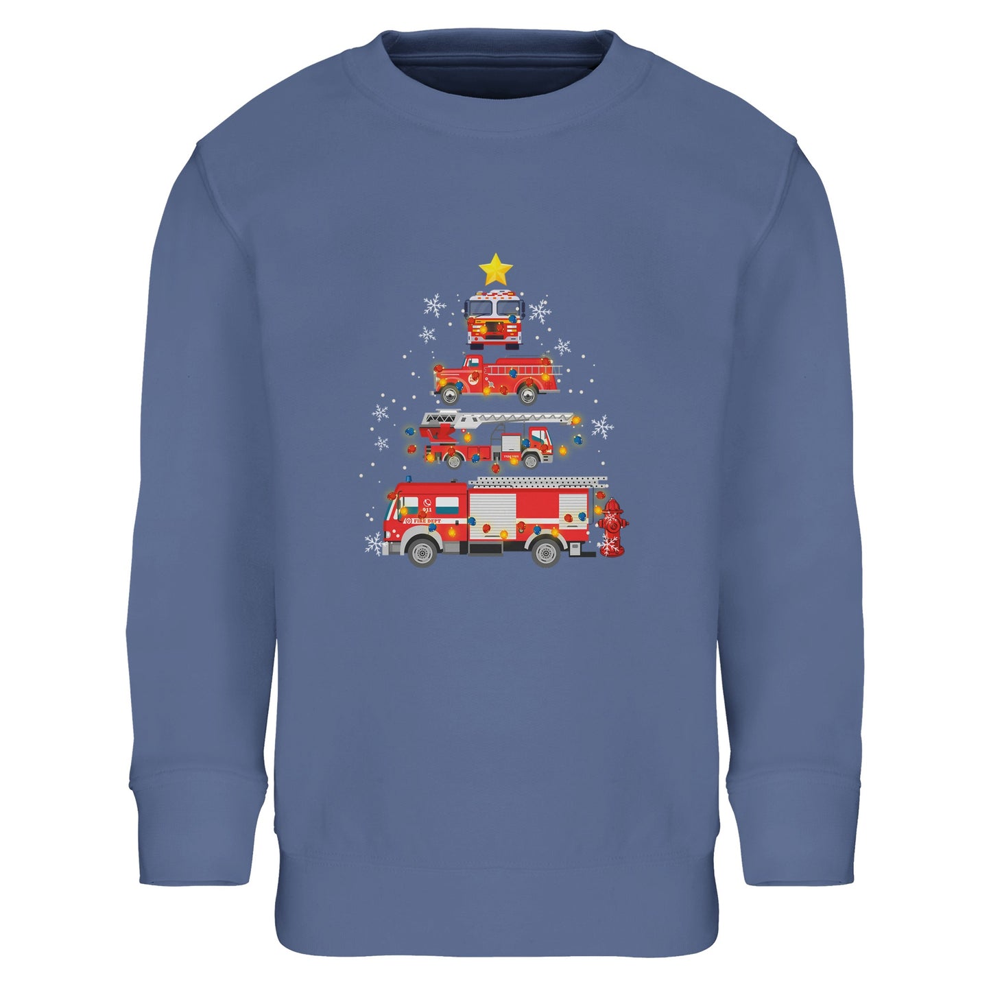 Kinder Sweatshirt mit Feuerwehr Fahrzeuge und Sterne - Jungen Aufdruck für Weihnachten und Winter - 4 bis 14 Jahre - viele verschiedene Farben - Blue