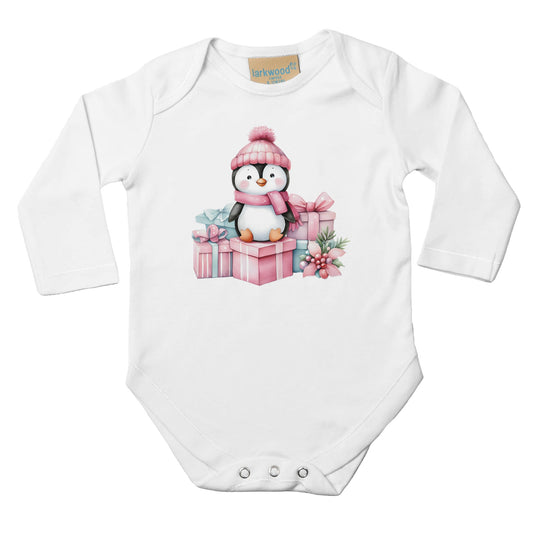 Baby Langarm Body mit pastell Mädchen Aufdruck mit Pinguin und Geschenke - für Weihnachten und Winter - 100% Baumwolle - Größe bis 18 Monate bzw. 86 - Strampler Body mit Muster -